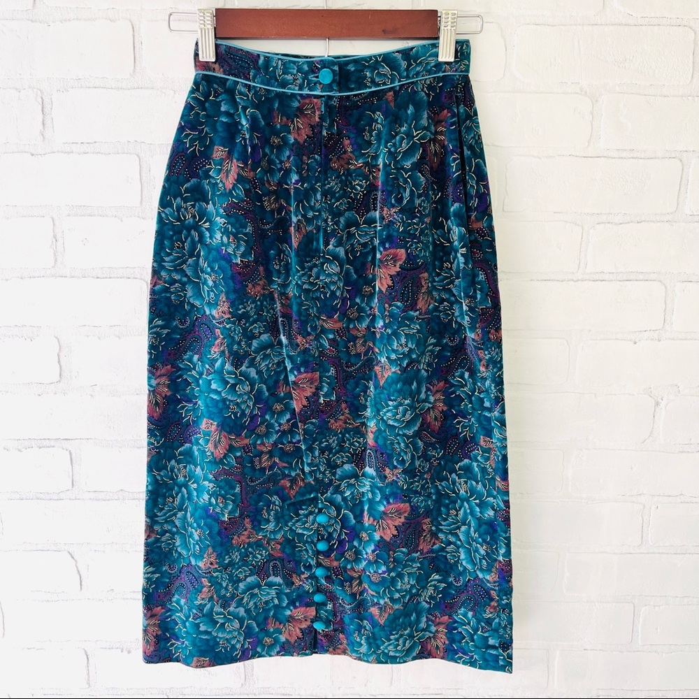 Vintage Velvety High Waisted Pencil Skirt Green and Blue Floral Colors
